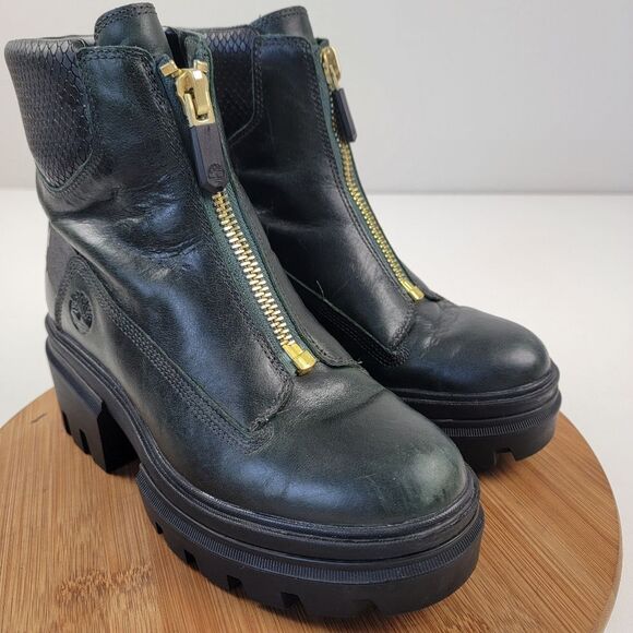 Timberland Everleigh Boot Front Zip Mid Boots Green Leather Womens 7.5 Platform - Picture 3 of 13